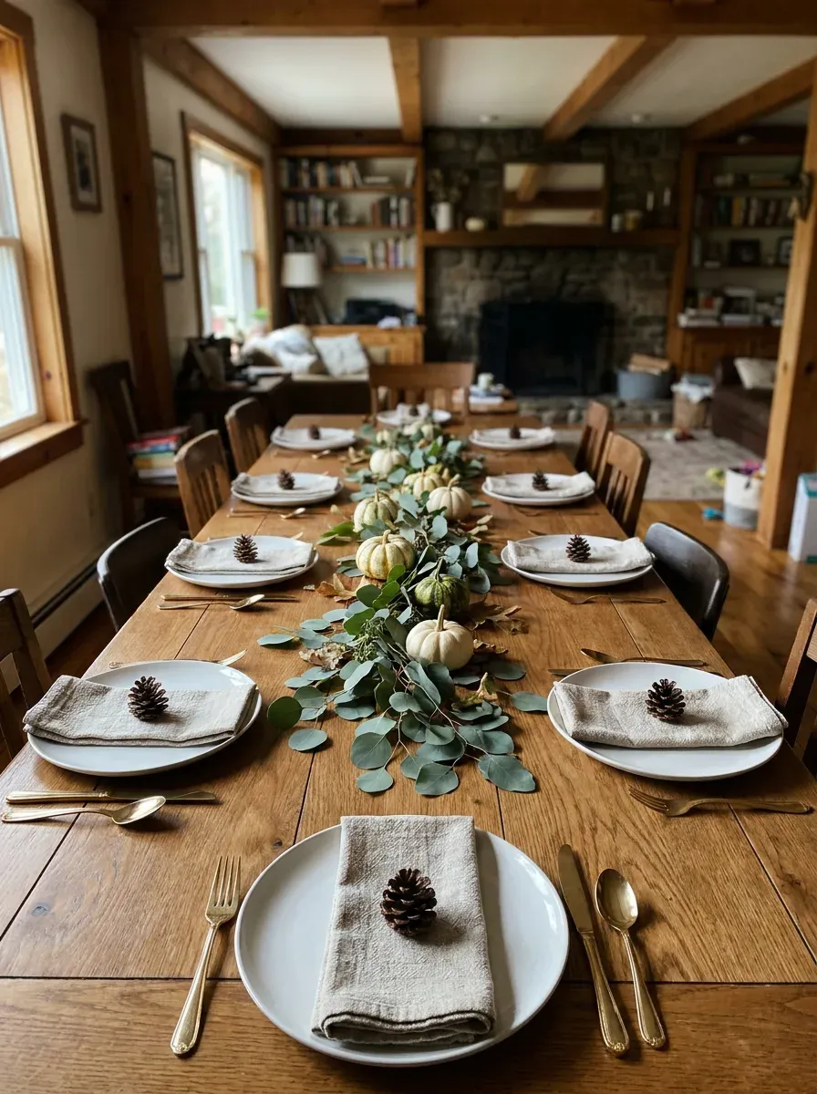 A rustic Thanksgiving dinner table with a natural centerpiece of gourds and white plates.