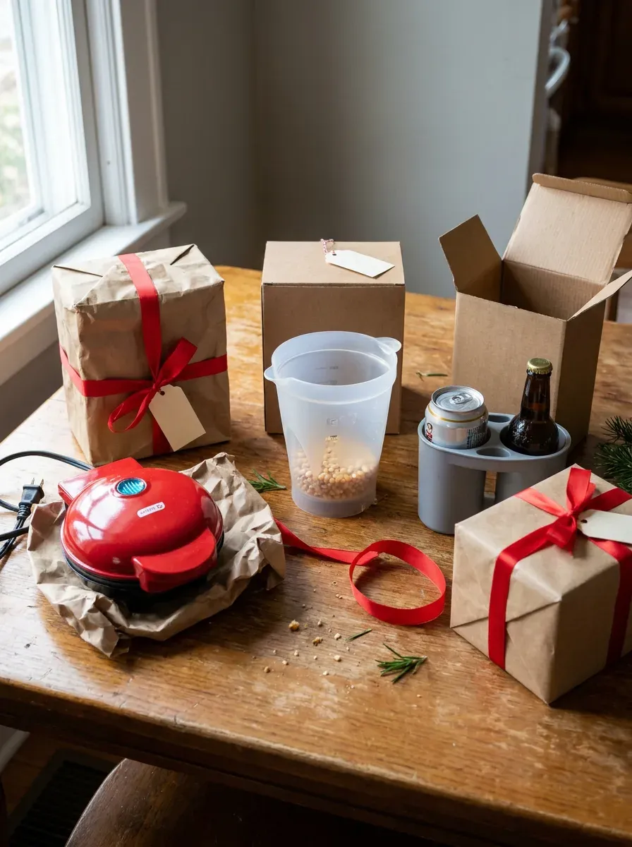 A mini waffle maker, burrito blanket, and hot sauce set on a table.